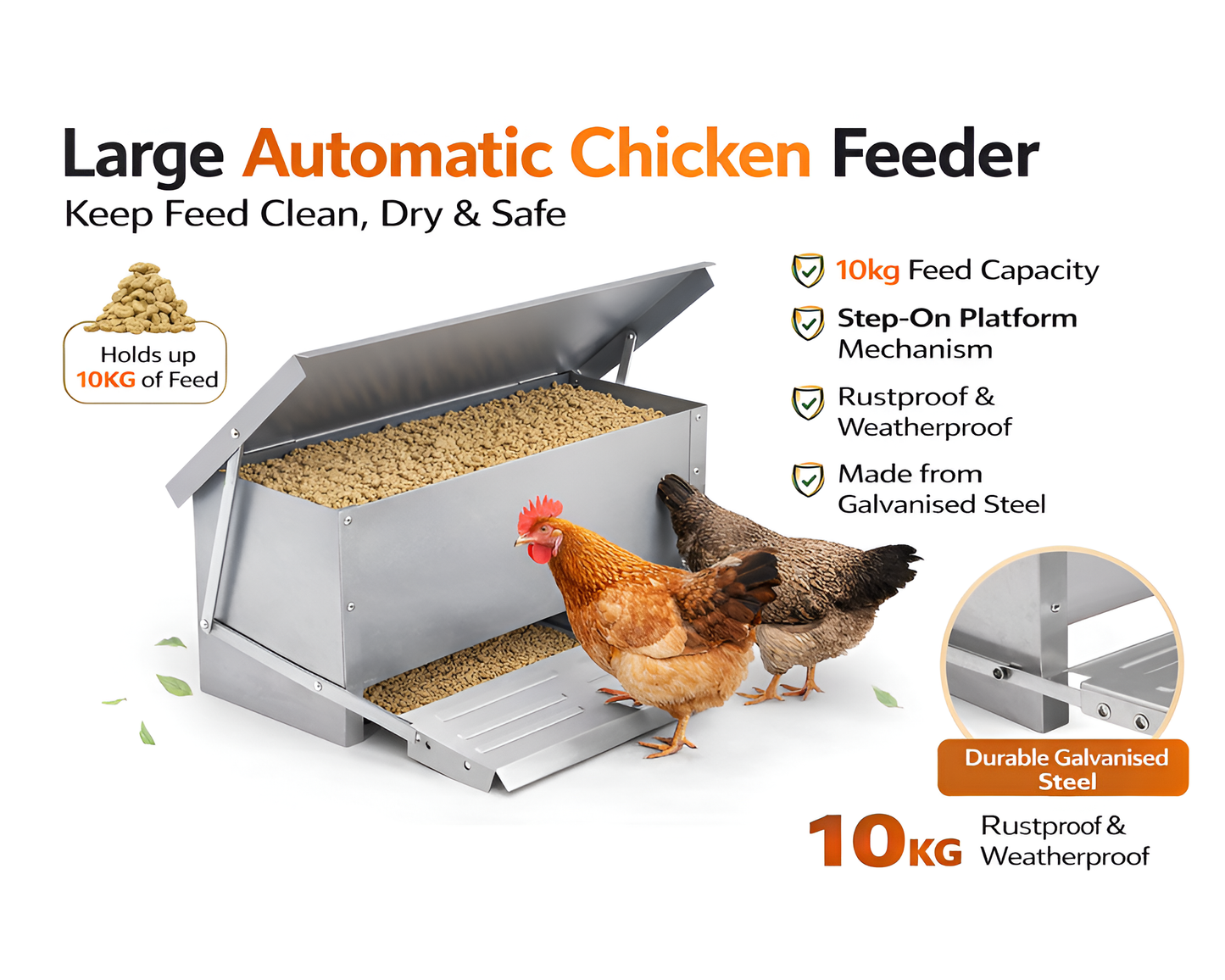Chicken Feeder Automatic 10KG - Galvanized Steel Trough Chicken Feeder for Poultry