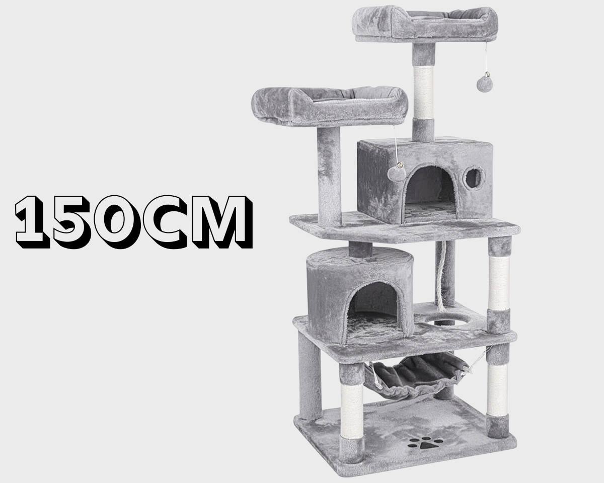 Cat Tree Kitten Activity Furniture – Spacious Cat Tower Play House with Scratching Posts and Hammock