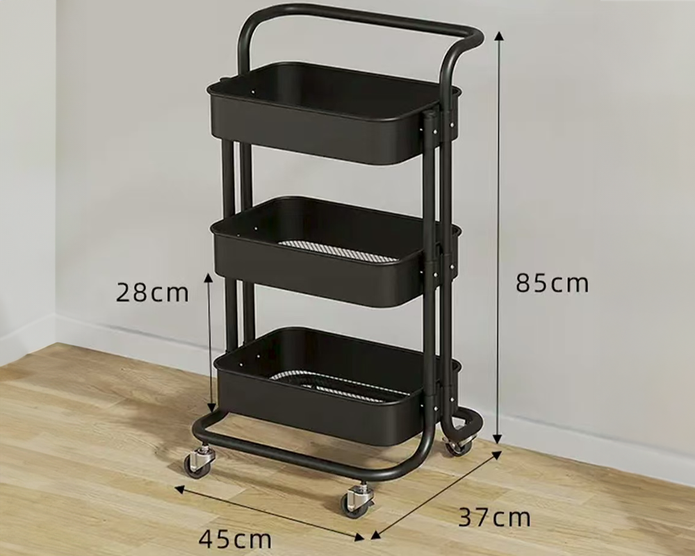 Storage Trolley Cart – Multi-Purpose Rolling Organizer Cart with Casters for Bathroom, Kitchen, Office, and More (Black, 3-Tier)