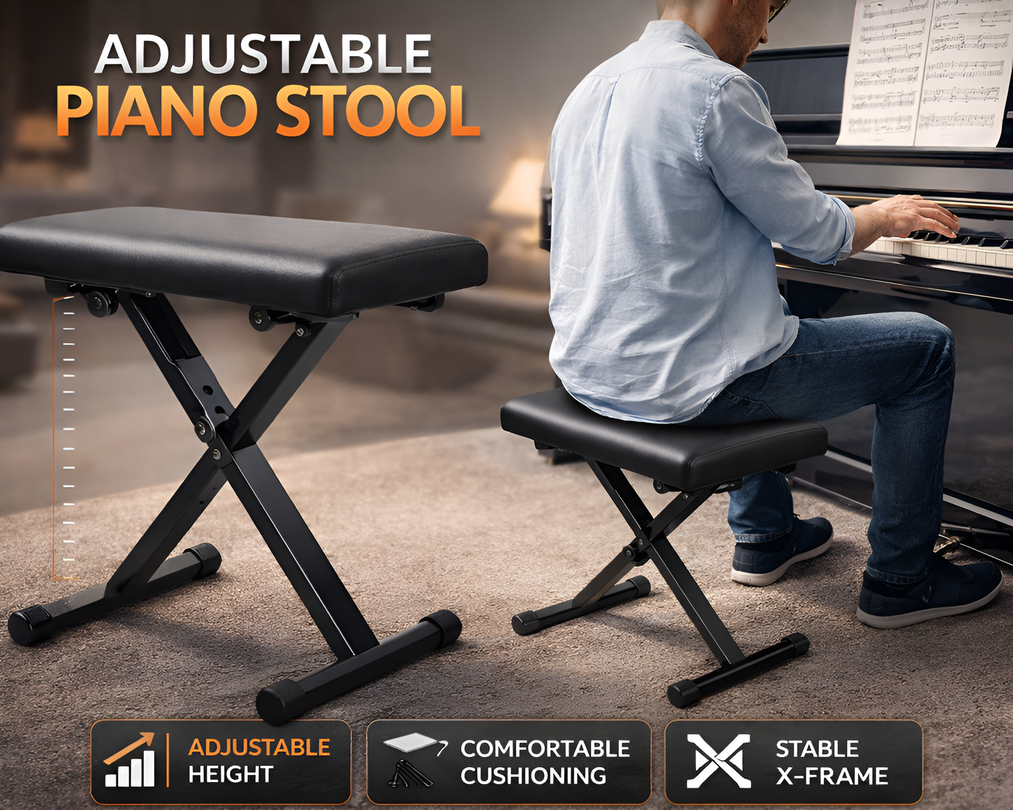 Piano Stool PU Leather Adjustable Keyboard Bench Black