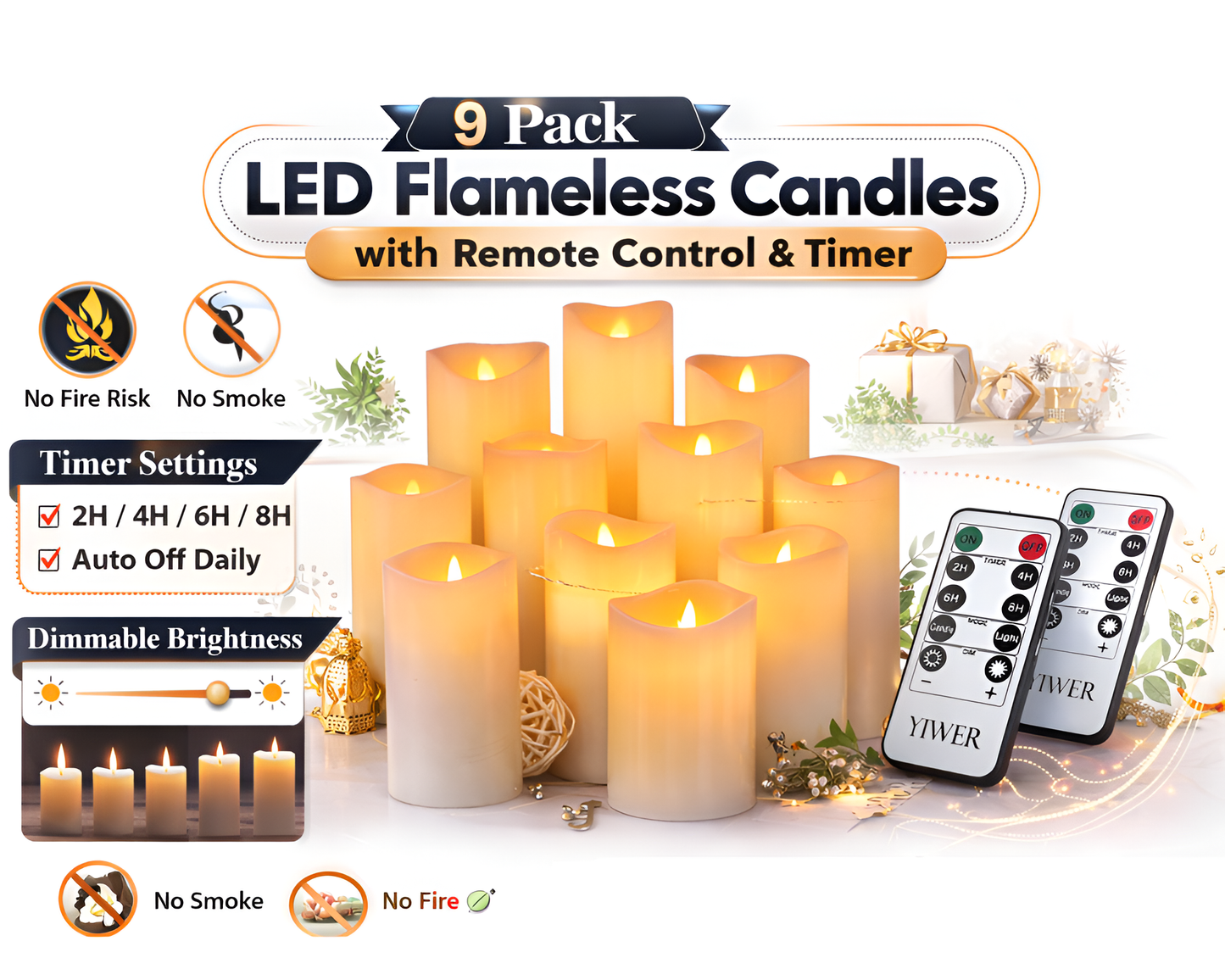 Flameless Candles Set of 9 Ivory Real Wax LED Candle Light with Remote and Timer