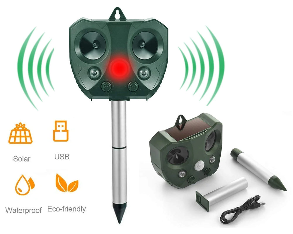 Solar Powered Ultrasonic Animal Repeller - Waterproof Outdoor Pest Deterrent for Raccoons, Cats, Dogs, Birds, Rabbits, Squirrels, Skunks, Deer, Rodents