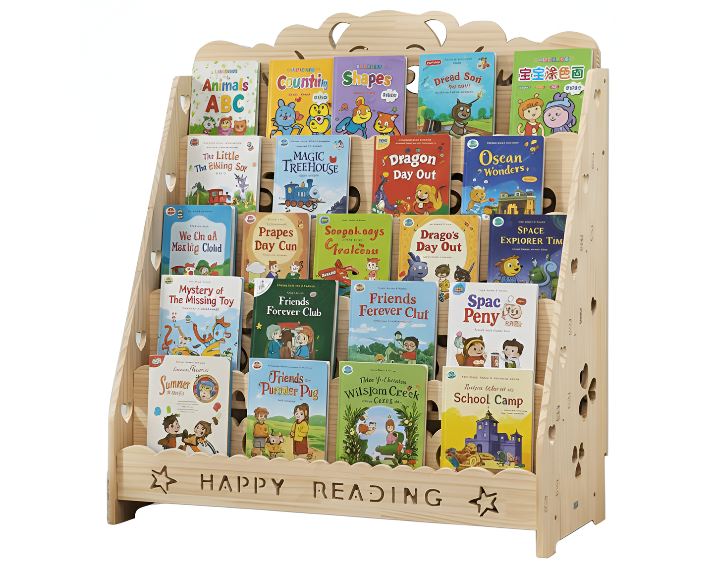 5 Level Wooden Book Storage Shelf - Front Display Book Organiser Rack