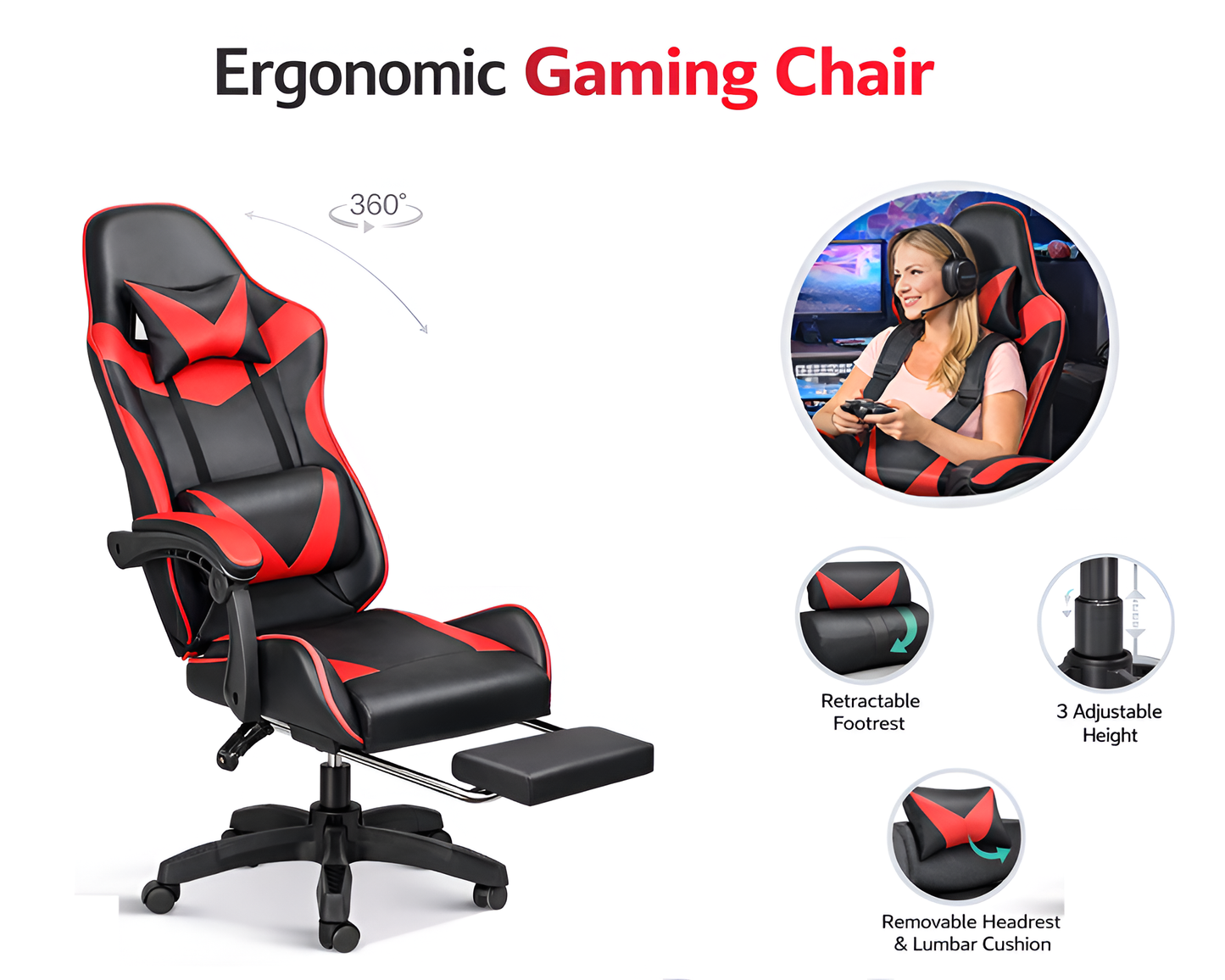 Ergonomic Gaming Chair - Adjustable Office Chair with Footrest