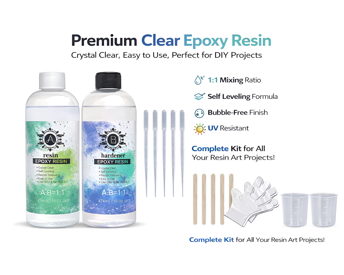 Epoxy Resin 1:1 A:B Kit Epoxy Resin 16oz - Crystal Clear Epoxy Resin Casting and Coating Kit