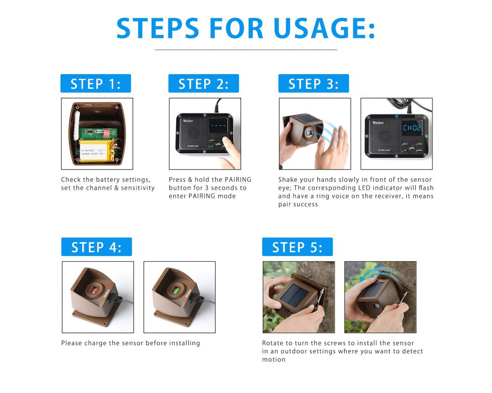 Wuloo Solar Wireless Driveway Alarm System (1 Sensor + 1 Receiver, Brown) – Motion Detection, Expandable, Weatherproof