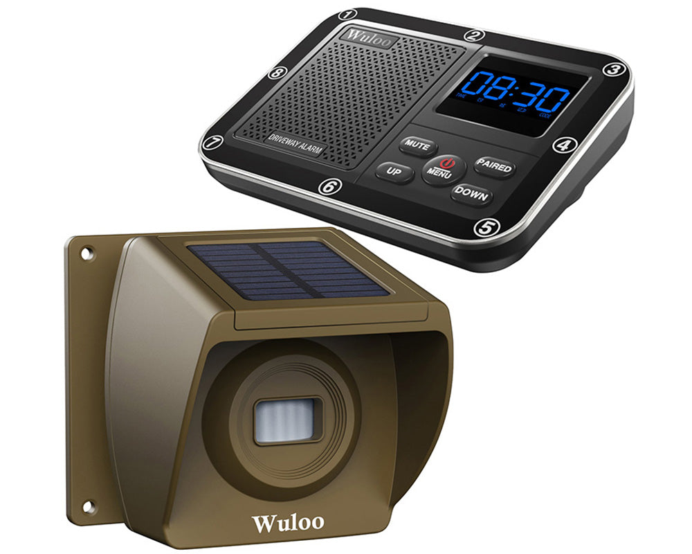 Wuloo Solar Wireless Driveway Alarm System (1 Sensor + 1 Receiver, Brown) – Motion Detection, Expandable, Weatherproof