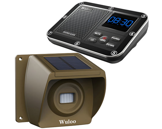 Wuloo Solar Wireless Driveway Alarm System (1 Sensor + 1 Receiver, Brown) – Motion Detection, Expandable, Weatherproof