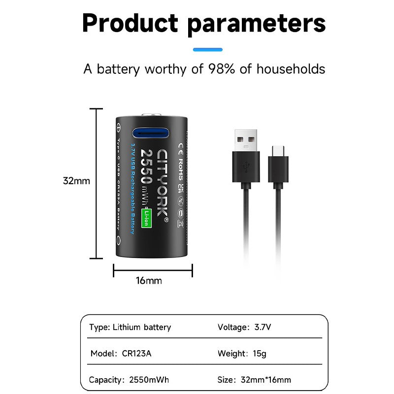 CR123A Battery – 4-Pack Rechargeable Lithium Batteries with USB Type-C Charging Cable
