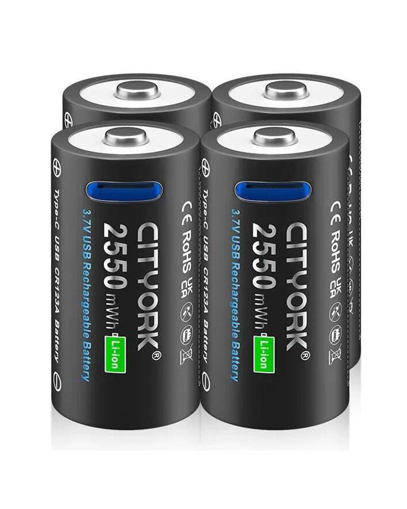 CR123A Battery – 4-Pack Rechargeable Lithium Batteries with USB Type-C Charging Cable