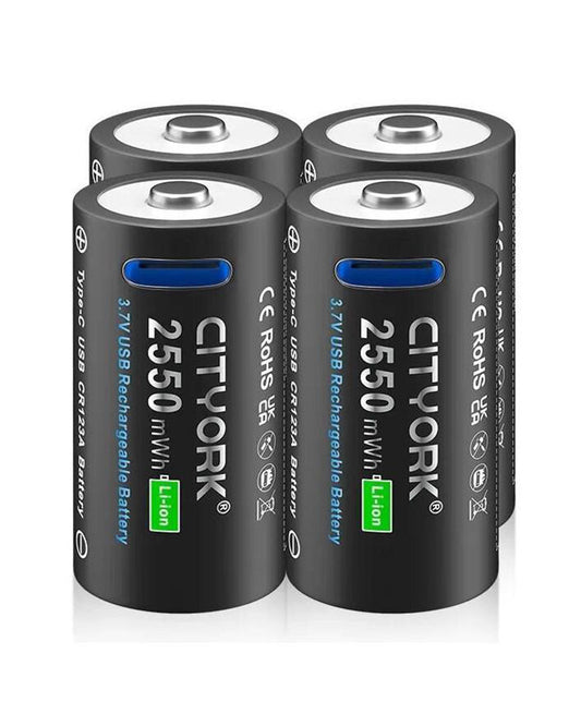 CR123A Battery – 4-Pack Rechargeable Lithium Batteries with USB Type-C Charging Cable