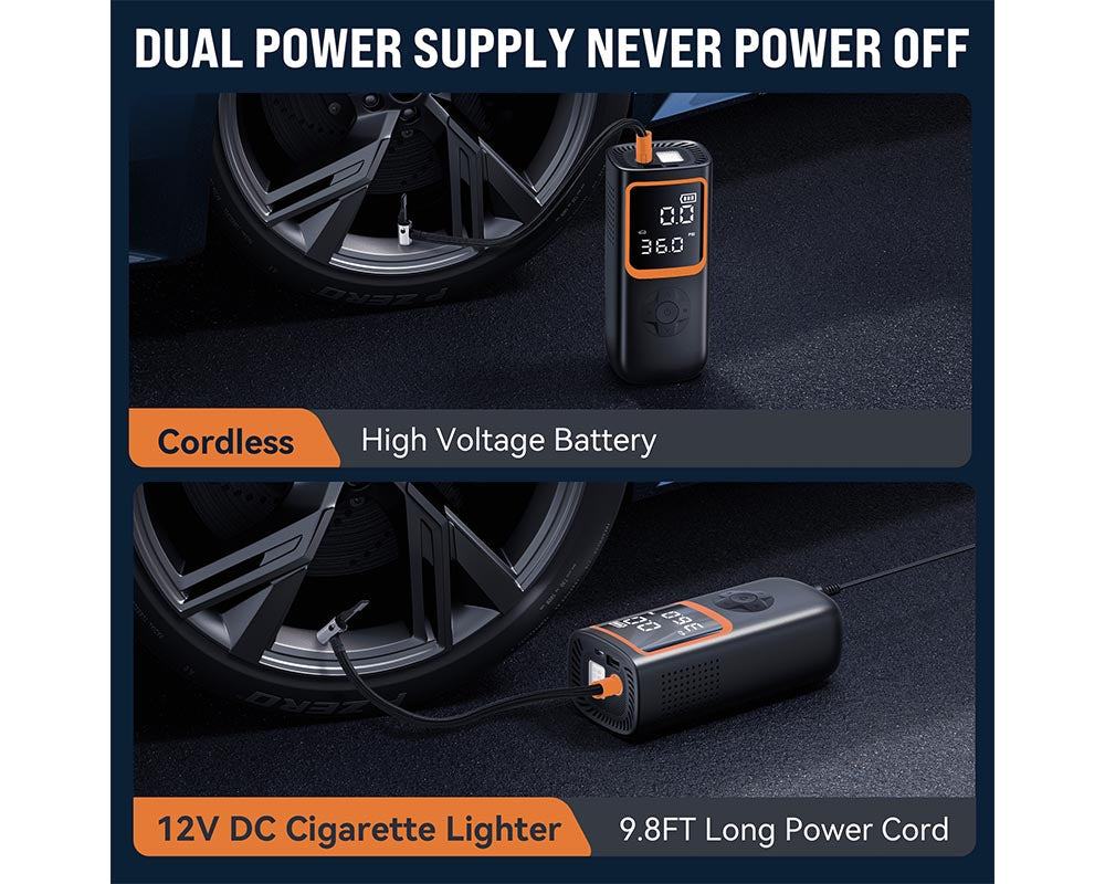 18000mAh Cordless Tire Inflator Portable Air Compressor – 150 PSI Air Pump with Automatic Shutoff, Rechargeable Battery, 12V DC, and LED Light