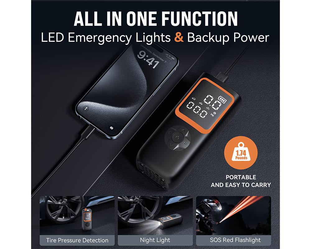 18000mAh Cordless Tire Inflator Portable Air Compressor – 150 PSI Air Pump with Automatic Shutoff, Rechargeable Battery, 12V DC, and LED Light