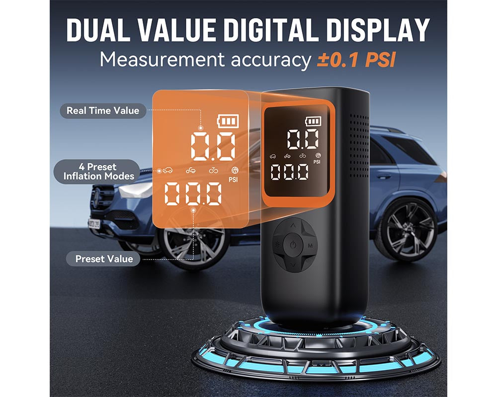 18000mAh Cordless Tire Inflator Portable Air Compressor – 150 PSI Air Pump with Automatic Shutoff, Rechargeable Battery, 12V DC, and LED Light