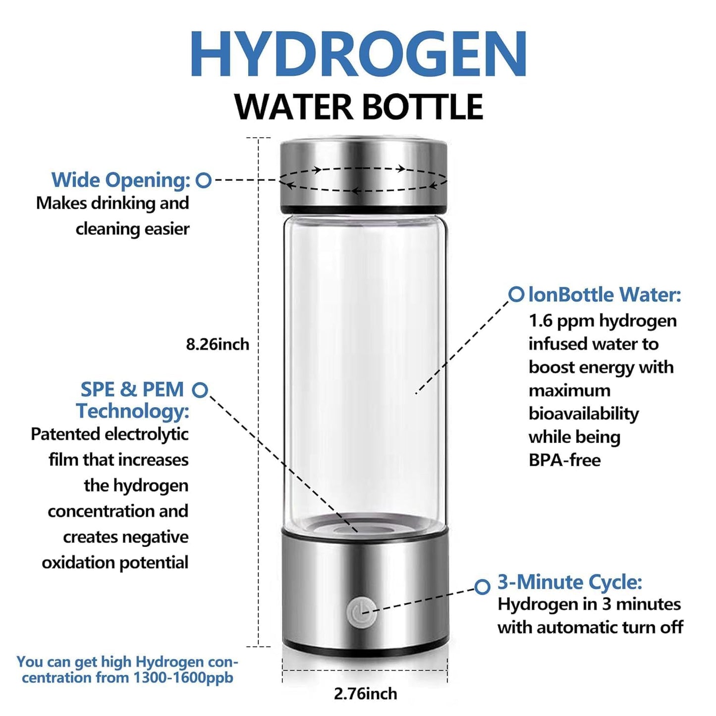 Hydrogen Water Bottle, Portable Hydrogen Water Generator – Rechargeable, 3-Minute Quick Electrolysis, for Home, Office, Travel & Camping (Black)