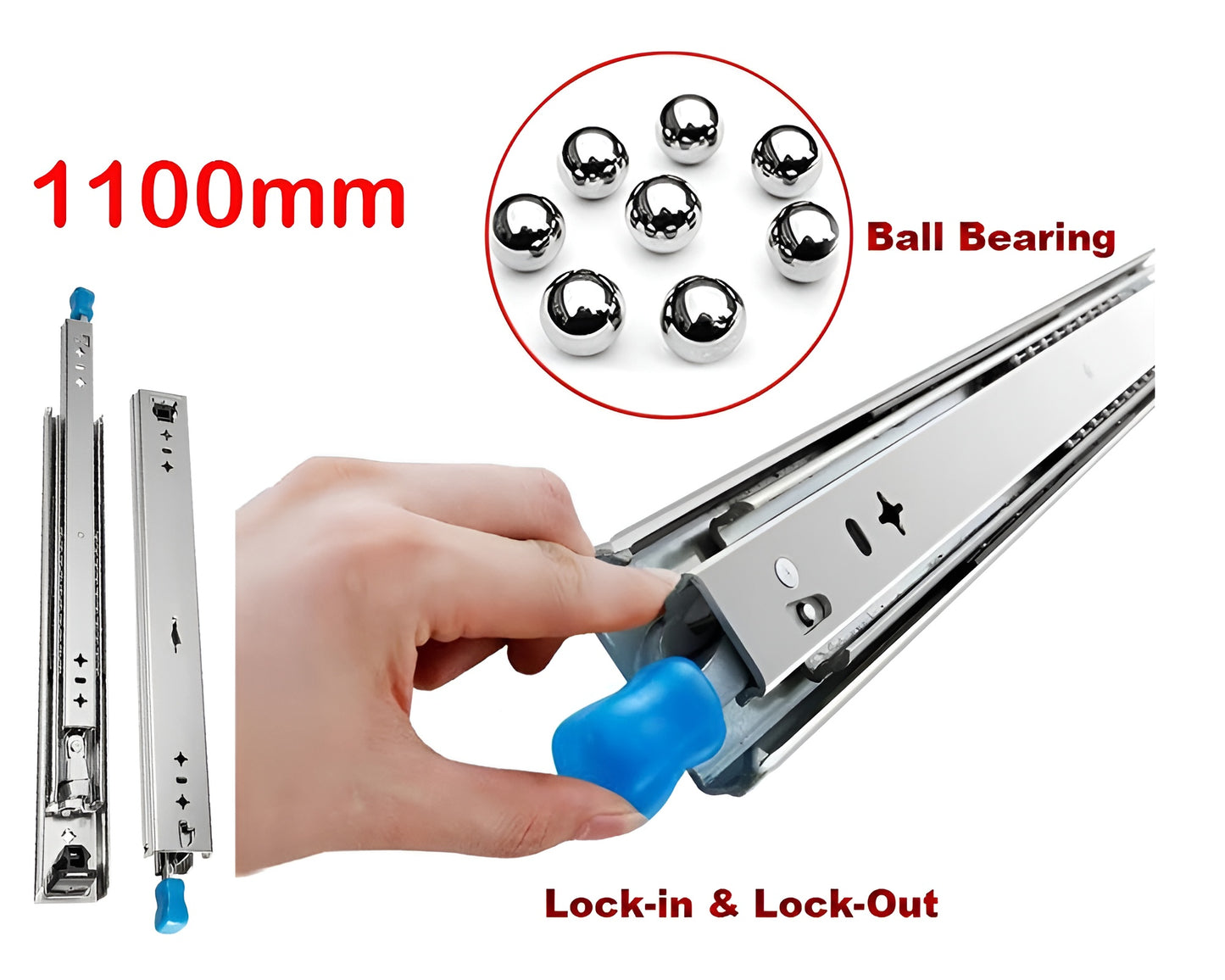 1100MM Heavy Duty Drawer Slides with Ball Bearings DIY Tool Box Locking Track Rails - Full Extension Drawer Runners, 10" to 60" (44 inch Size)