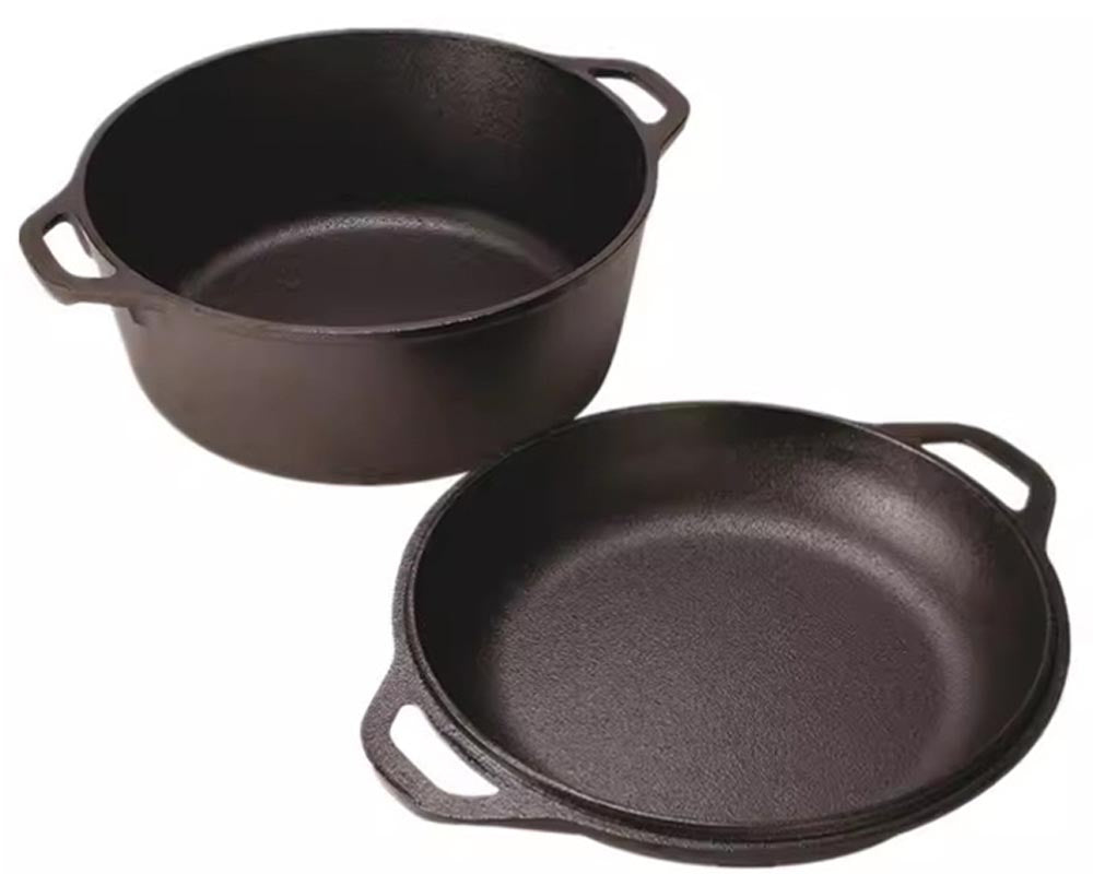 Cast Iron Dutch Oven with 2-in-1 Skillet Lid – 5 Quart Pot & 1.6 Quart Pan, Pre-Seasoned for Camping, BBQ, Home Cooking, and Baking