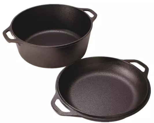 Cast Iron Dutch Oven with 2-in-1 Skillet Lid – 5 Quart Pot & 1.6 Quart Pan, Pre-Seasoned for Camping, BBQ, Home Cooking, and Baking