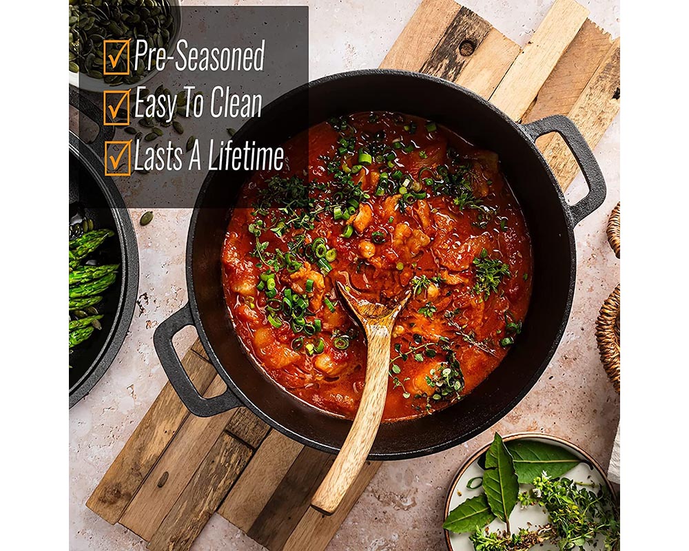 Cast Iron Dutch Oven with 2-in-1 Skillet Lid – 5 Quart Pot & 1.6 Quart Pan, Pre-Seasoned for Camping, BBQ, Home Cooking, and Baking