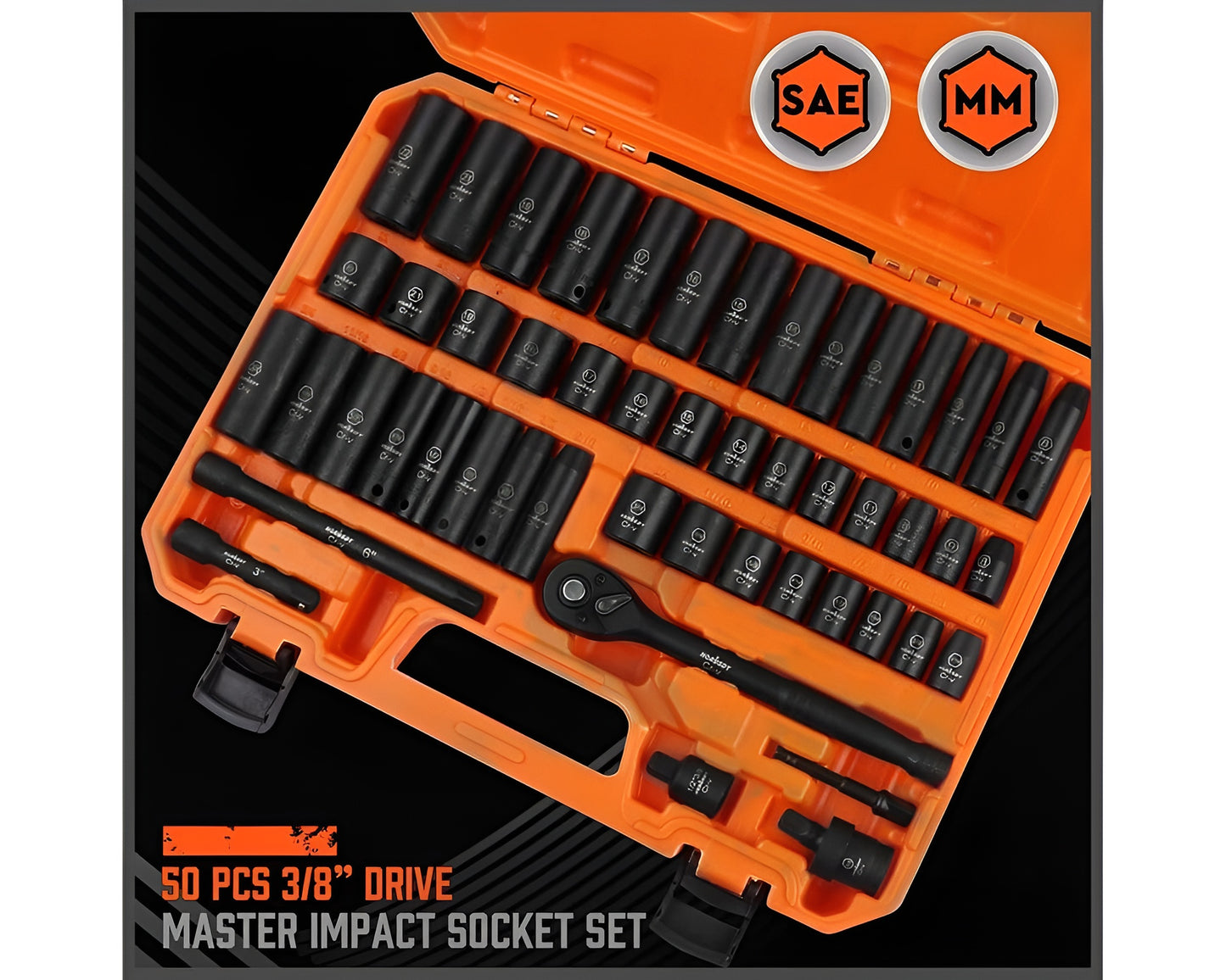 HORUSDY 50-Piece 3/8" Drive Impact Socket Set - SAE & Metric, 6-Point, Cr-V with Extension Bar & Universal Joint