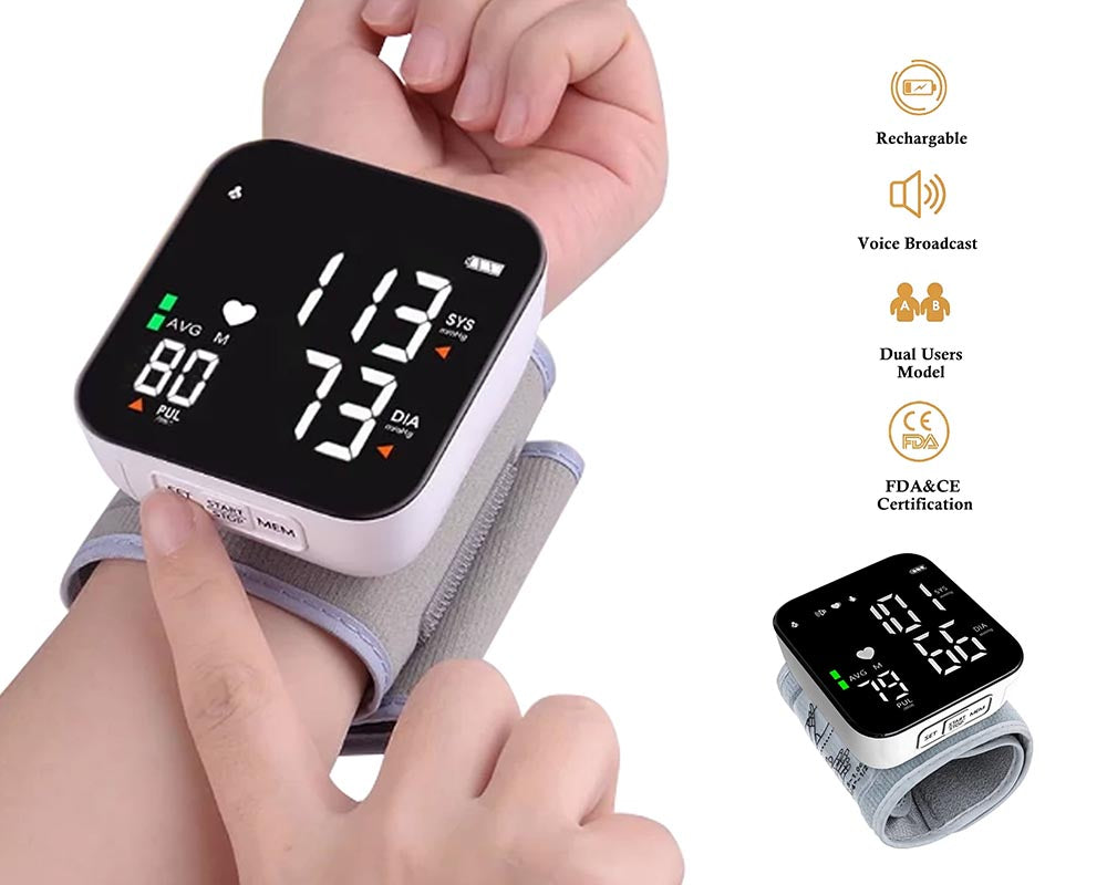 Automatic Wrist Blood Pressure Monitor with Adjustable Cuff - Digital Heart Rate Monitor with Large LCD Talking Display for Home & Travel