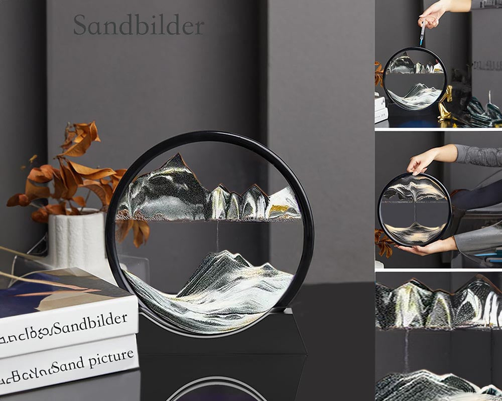 3D Moving Sand Art Picture Liquid Motion - Falling Sand Art Decor, Rotary Glass Sand Art Frame Display (Black, 7")