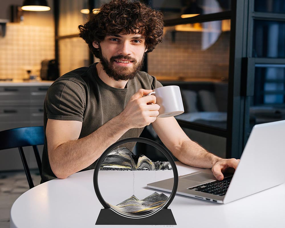 3D Moving Sand Art Picture Liquid Motion - Falling Sand Art Decor, Rotary Glass Sand Art Frame Display (Black, 7")