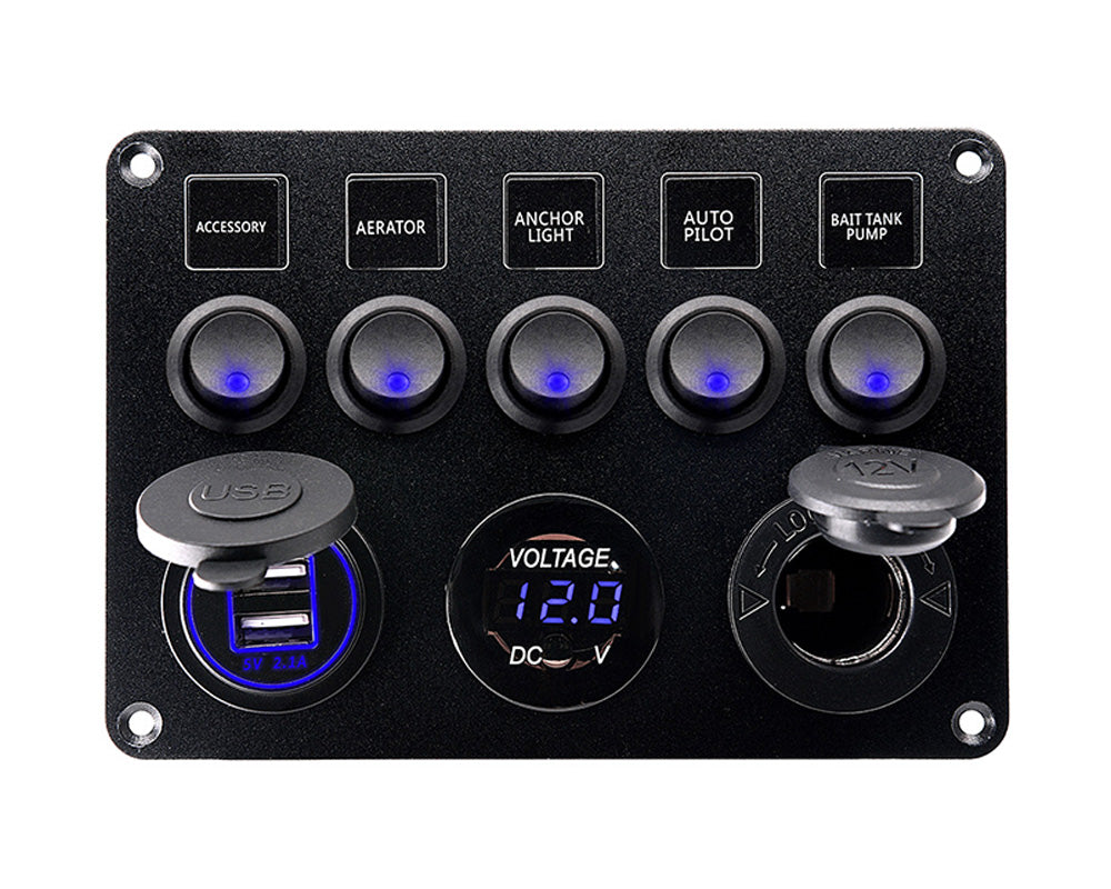 5 Gang On-Off Blue LED Toggle Switch Panel with Voltmeter & Dual USB for Car, Boat, Marine