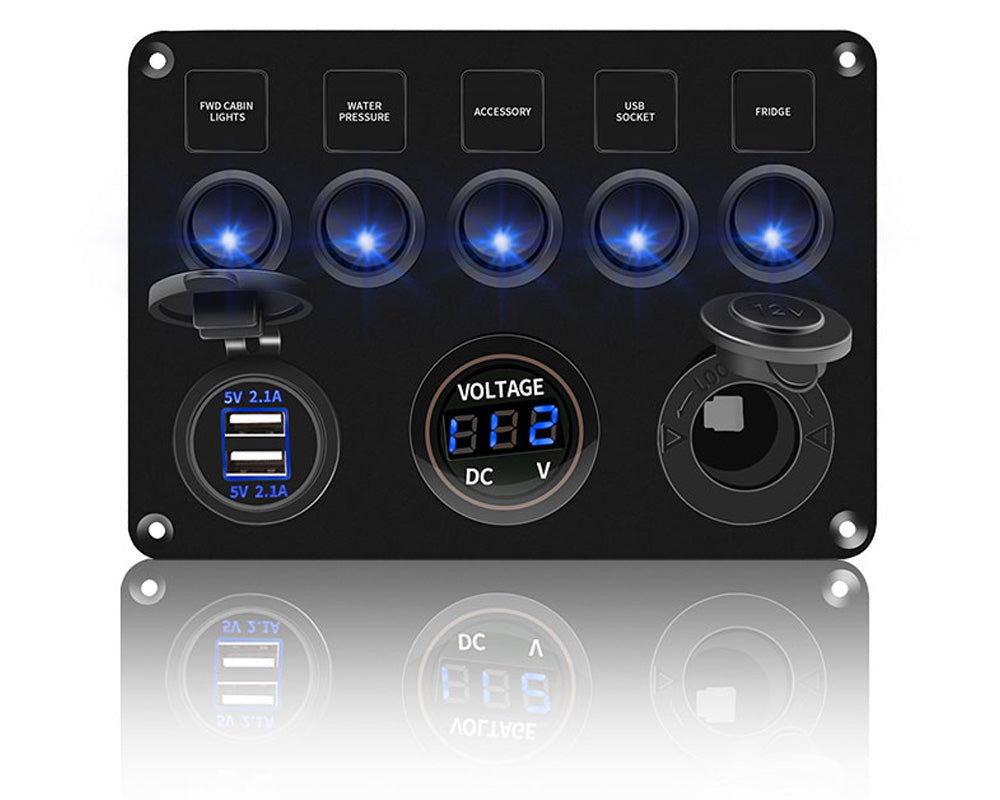 5 Gang On-Off Blue LED Toggle Switch Panel with Voltmeter & Dual USB for Car, Boat, Marine