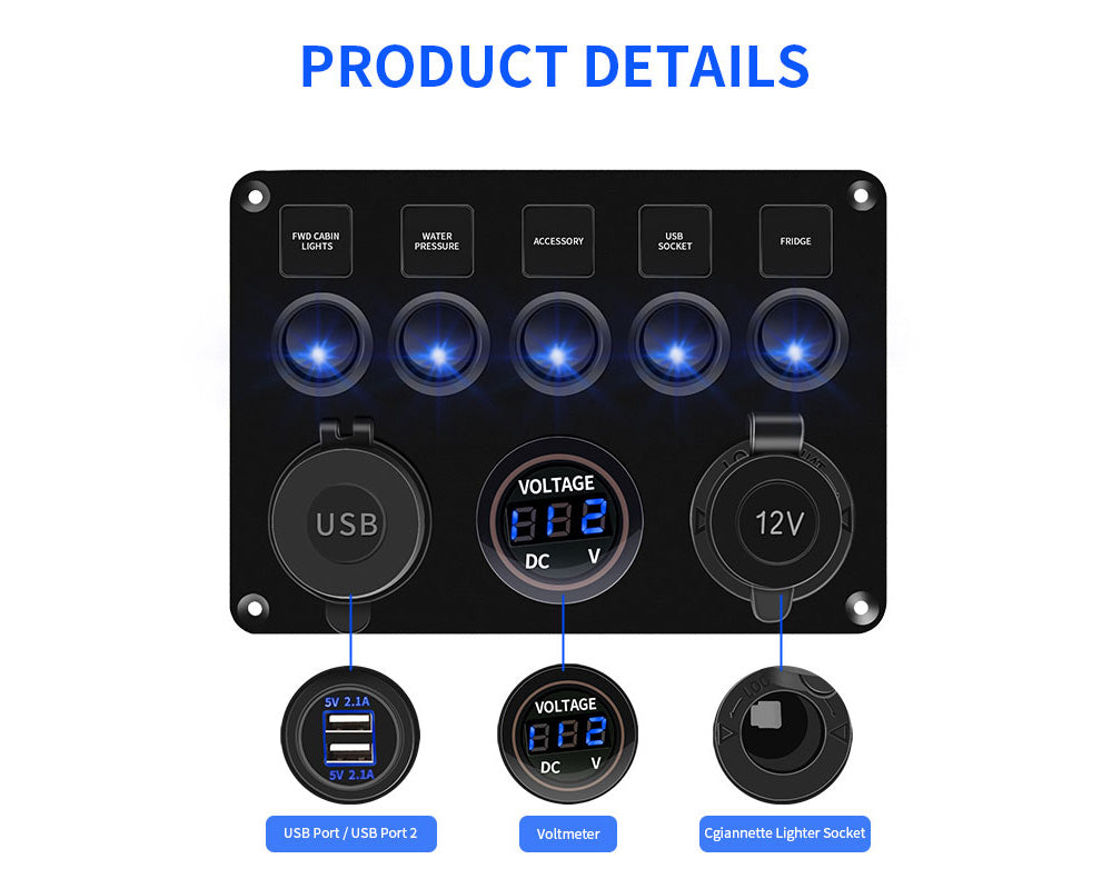 5 Gang On-Off Blue LED Toggle Switch Panel with Voltmeter & Dual USB for Car, Boat, Marine
