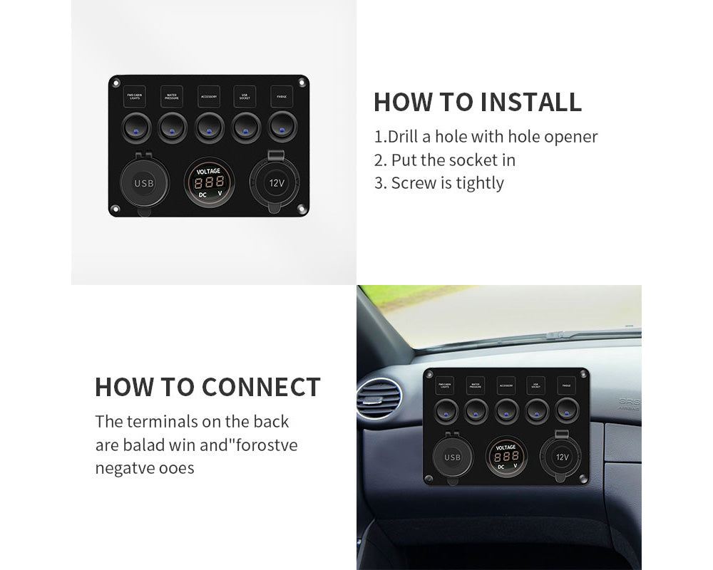 5 Gang On-Off Blue LED Toggle Switch Panel with Voltmeter & Dual USB for Car, Boat, Marine