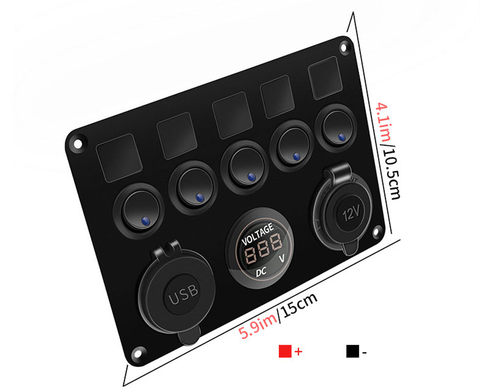 5 Gang On-Off Blue LED Toggle Switch Panel with Voltmeter & Dual USB for Car, Boat, Marine