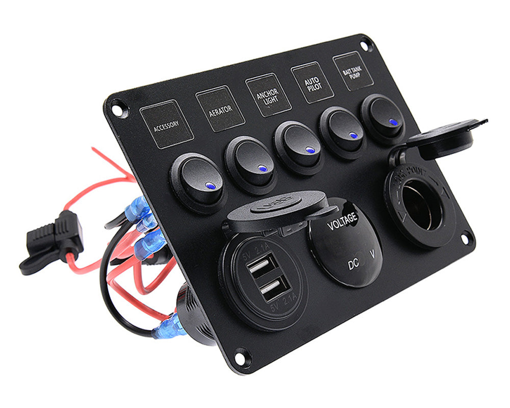 5 Gang On-Off Blue LED Toggle Switch Panel with Voltmeter & Dual USB for Car, Boat, Marine