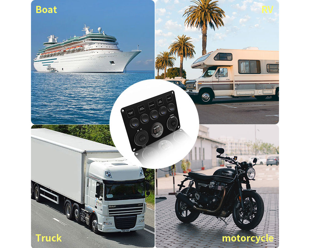 5 Gang On-Off Blue LED Toggle Switch Panel with Voltmeter & Dual USB for Car, Boat, Marine