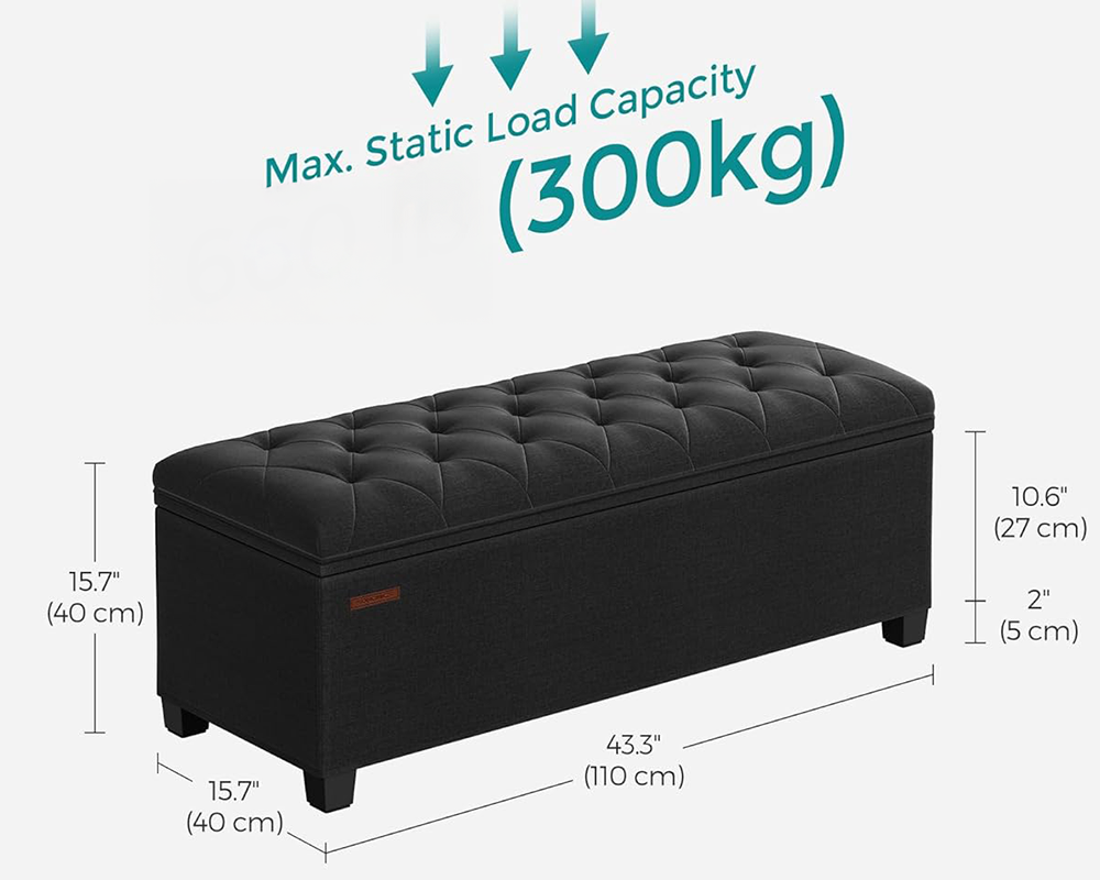 2 in 1 Storage Ottoman Bench Seat - Ink Black