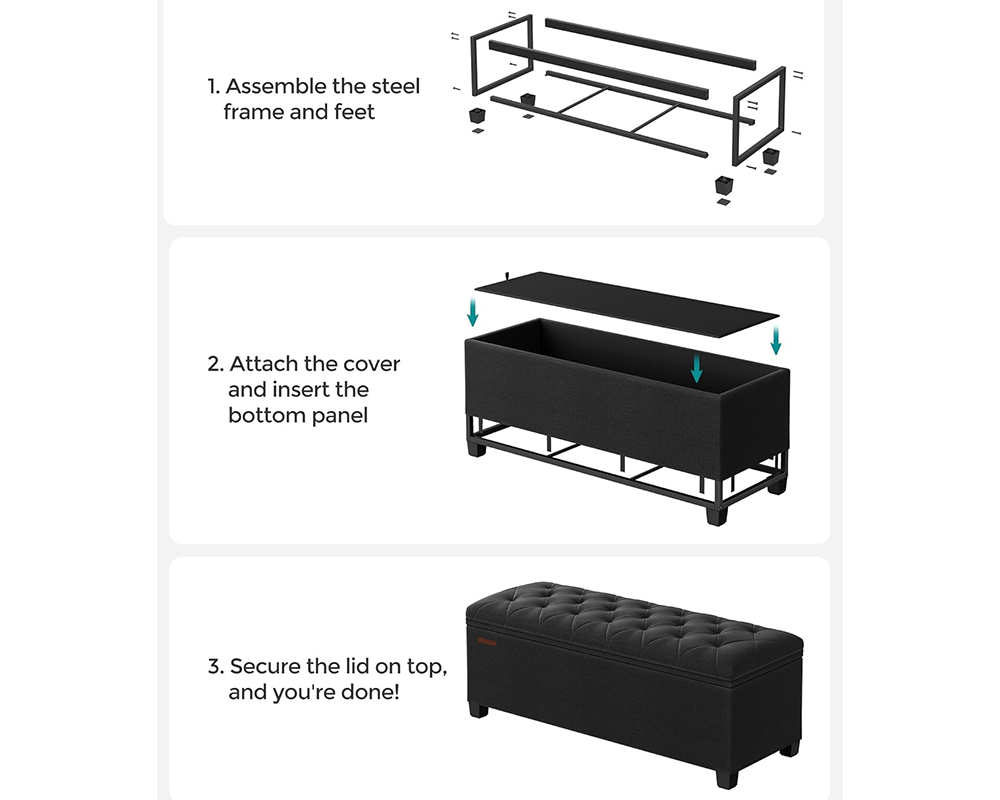 2 in 1 Storage Ottoman Bench Seat - Ink Black