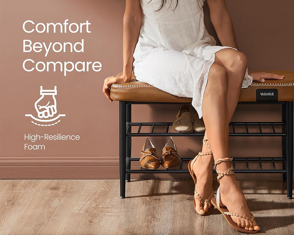 VASAGLE Caramel Brown Shoe Bench – 3-Tier Storage Rack