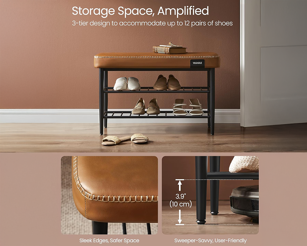 VASAGLE Caramel Brown Shoe Bench – 3-Tier Storage Rack