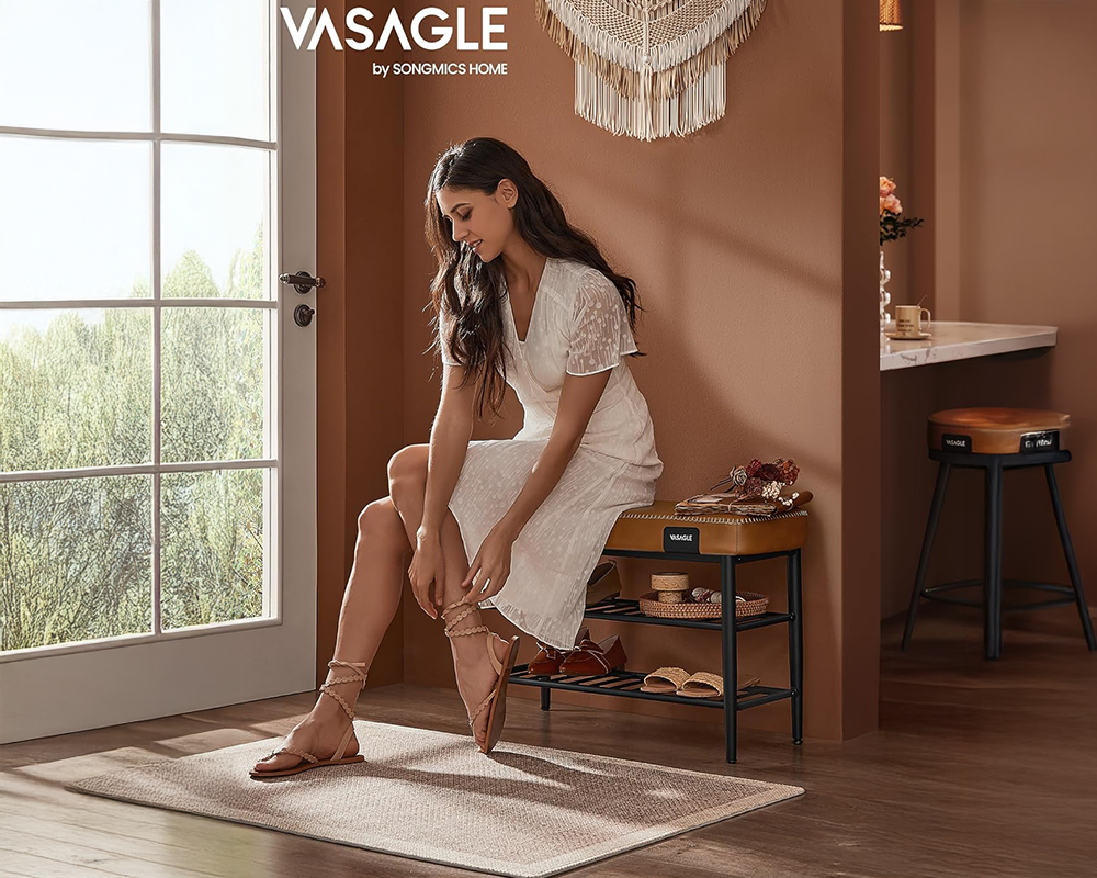 VASAGLE Caramel Brown Shoe Bench – 3-Tier Storage Rack