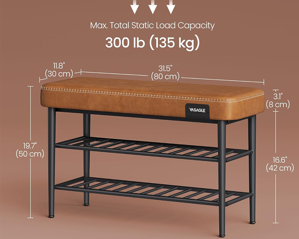 VASAGLE Caramel Brown Shoe Bench – 3-Tier Storage Rack