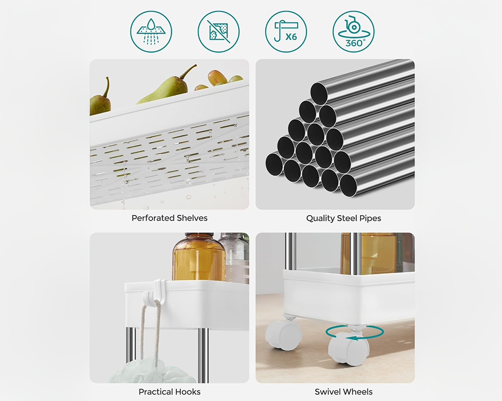 Kitchen Bathroom Storage Trolley Cart Foldable – 4-Tier Rolling Storage Cart for Home & Office