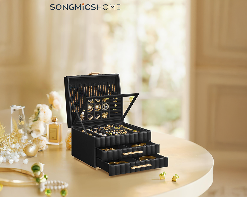 3-Tier Jewellery Box with Mirror - Ink Black