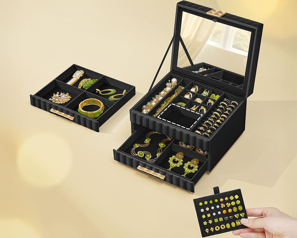 3-Tier Jewellery Box with Mirror - Ink Black