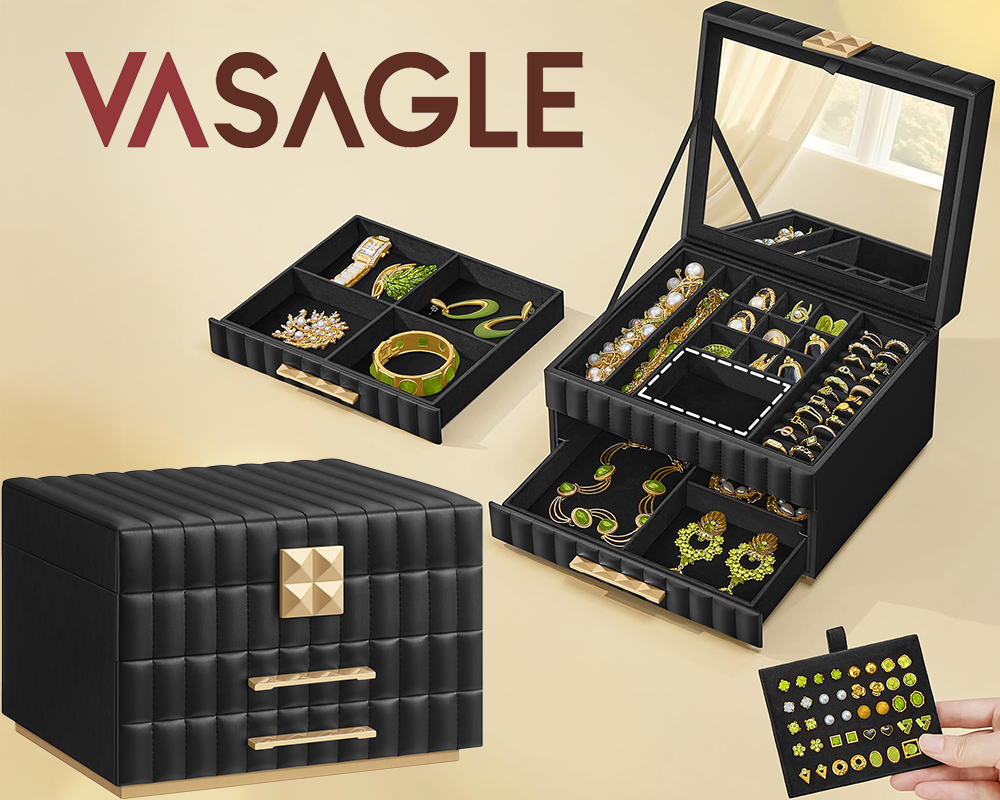 3-Tier Jewellery Box with Mirror - Ink Black