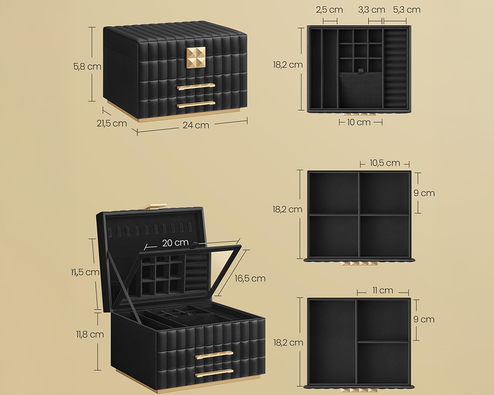 3-Tier Jewellery Box with Mirror - Ink Black
