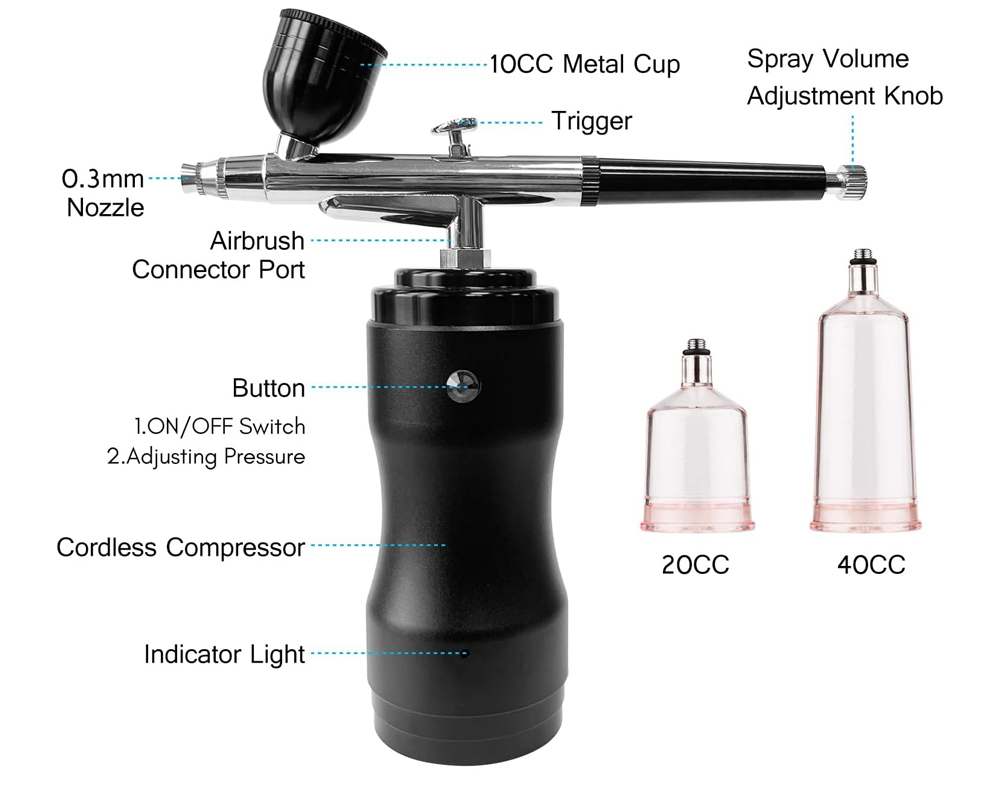 Airbrush Kit with Compressor - Portable Cordless Air Brush Gun Set for Painting, 30PSI Gravity Feed Dual Action Mini Handheld Airbrush 0.3mm Tip for Model, Nail, Cake Decorating, Rechargeable