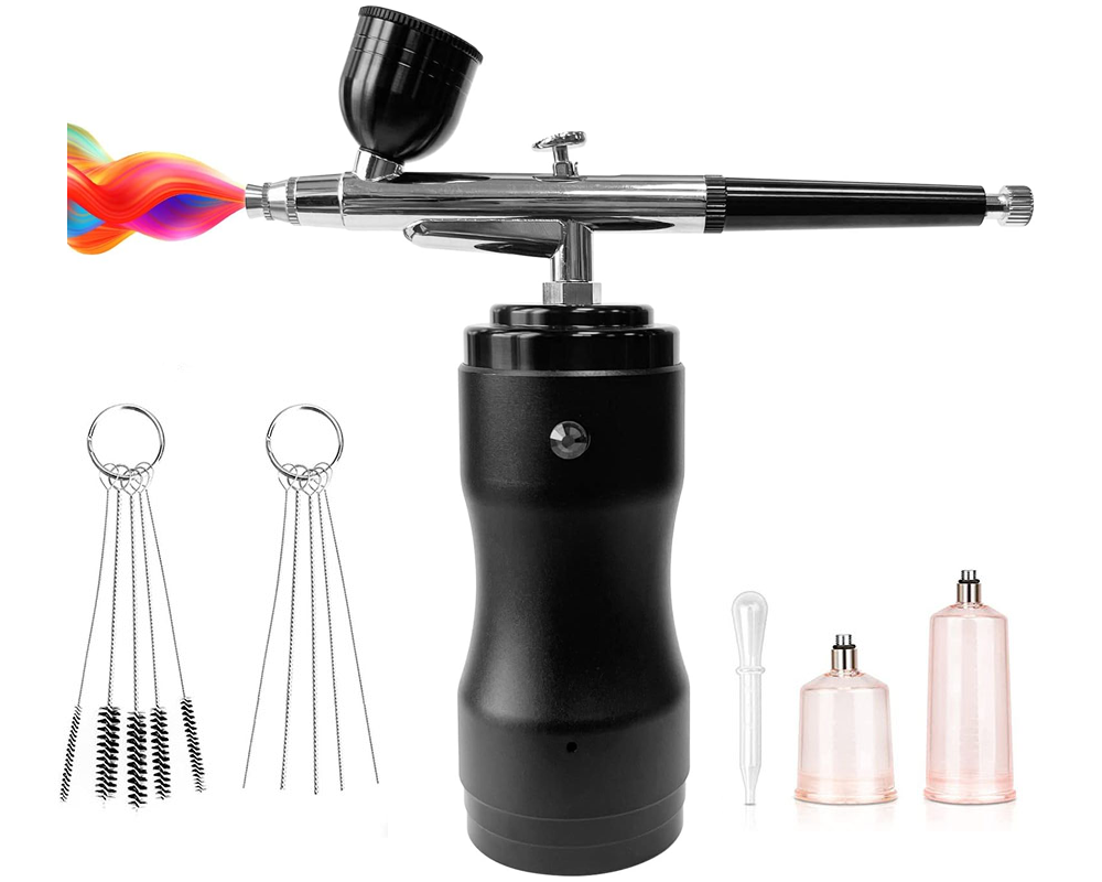 Airbrush Kit with Compressor - Portable Cordless Air Brush Gun Set for Painting, 30PSI Gravity Feed Dual Action Mini Handheld Airbrush 0.3mm Tip for Model, Nail, Cake Decorating, Rechargeable