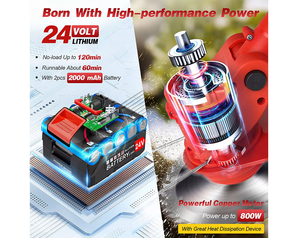 Electric Cordless 24V Lawnmower – Battery-Powered, Metal Blade, Telescopic Handle, Low Noise, Portable Weed Trimmer for Gardens & Farms