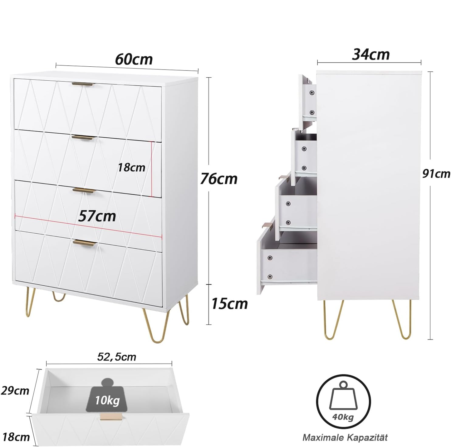 White 4-Drawer Dresser for Bedroom – Modern Storage Cabinet with Golden Handles Tallboy Chest of Drawer