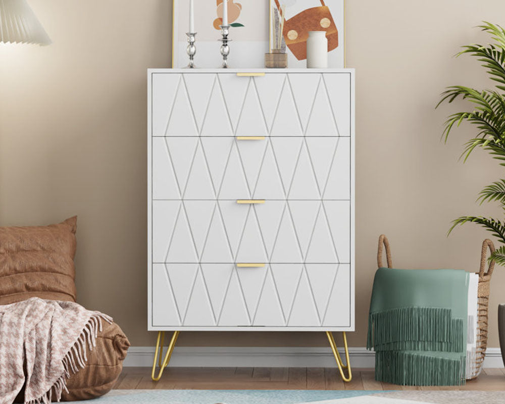 White 4-Drawer Dresser for Bedroom – Modern Storage Cabinet with Golden Handles Tallboy Chest of Drawer